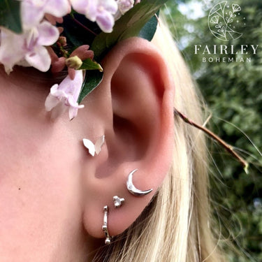 Earring set sterling silver butterfly moon studs